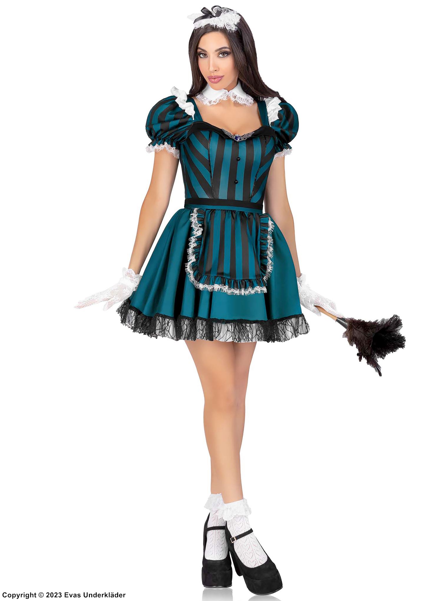 French maid, maskeradklänning med puffärmar och volangkant, ränder